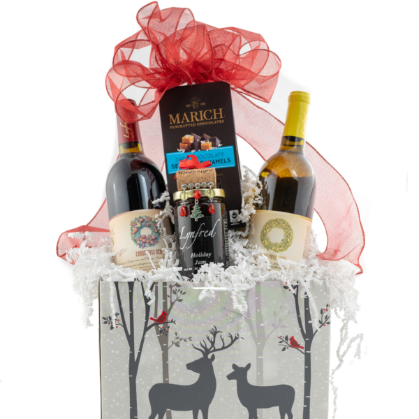 Gift basket with christmas wines, christmas ornament, chocolates and toffee