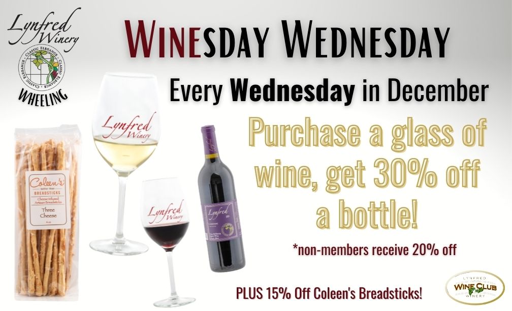 Wheeling WinesDay Wednesday Save 30% off a bottle with purchase of a glass