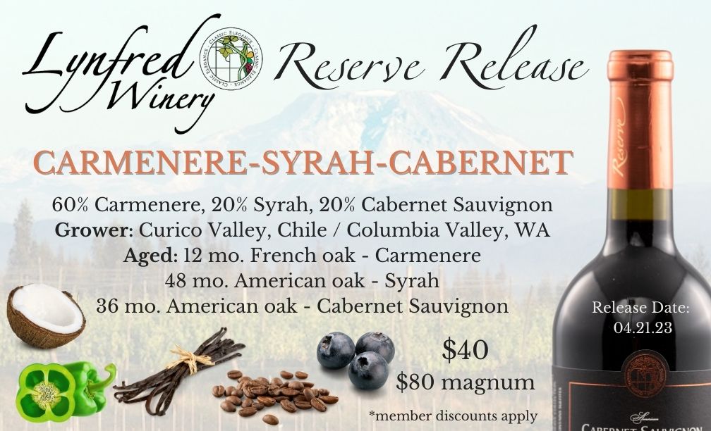 Carmenere Syrah Cabernet is released april 21 for $40<br />
